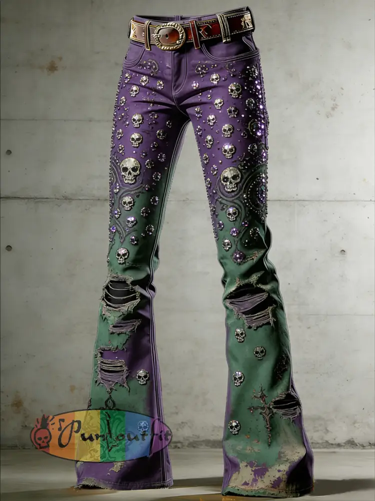 Women’s Gothic Skull Art Print Flared Trousers