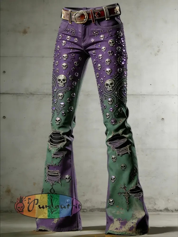Women’s Gothic Skull Art Print Flared Trousers