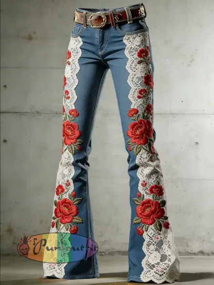 Women’s Flower Art Print Flared Trousers