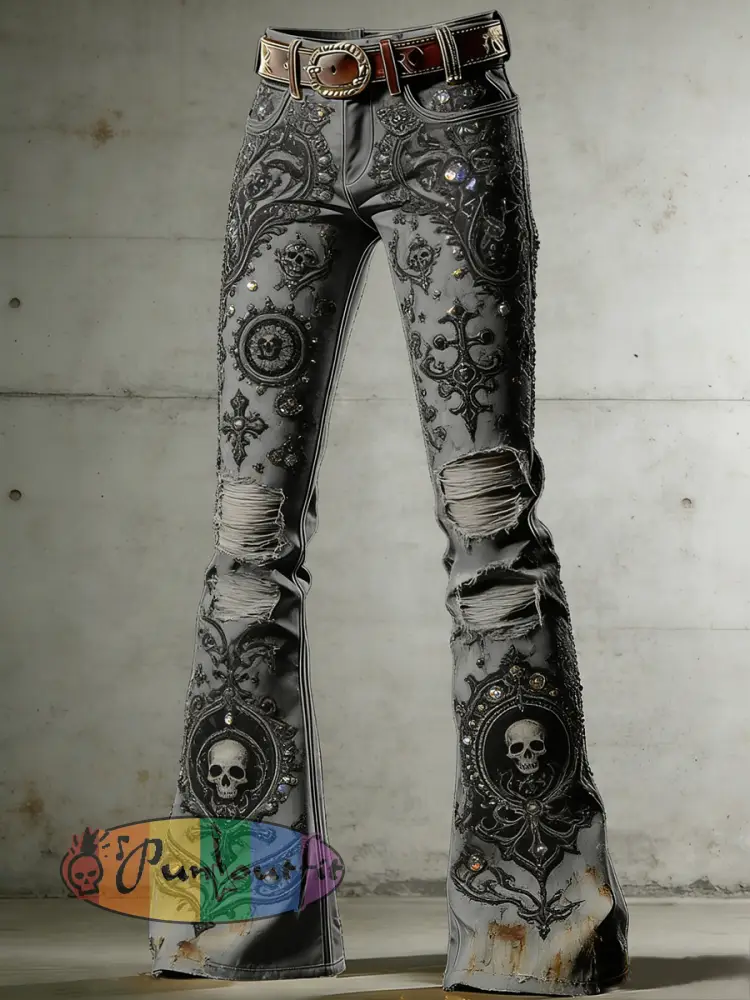 Women’s Gothic Skull Art Print Flared Trousers