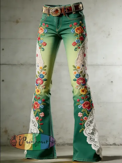 Women’s Flower Art Print Flared Trousers