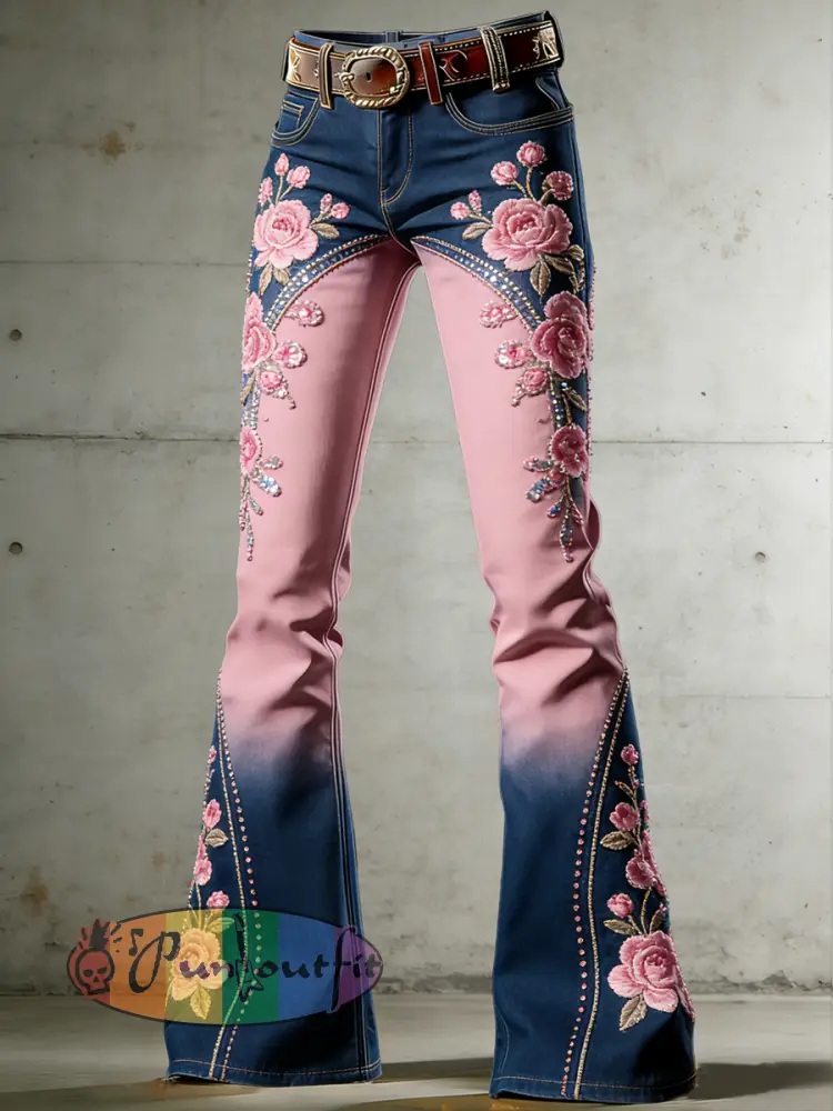 Women’s Flower Art Print Flared Trousers