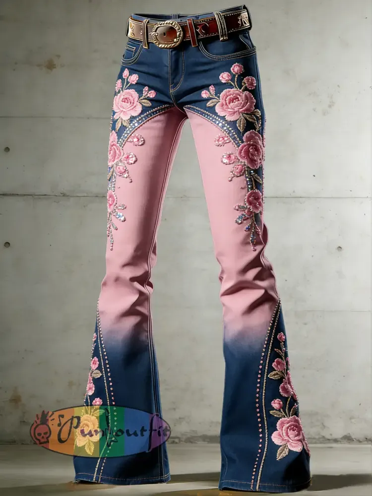 Women’s Flower Art Print Flared Trousers