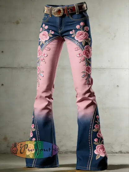 Women’s Flower Art Print Flared Trousers