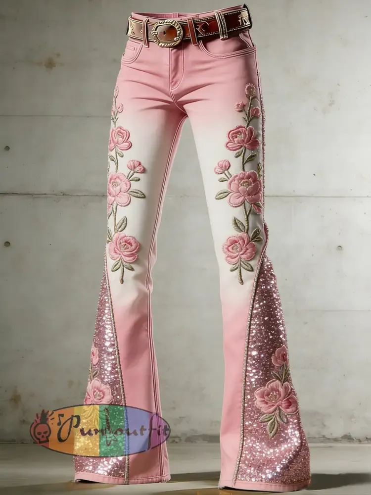 Women’s Flower Art Print Flared Trousers