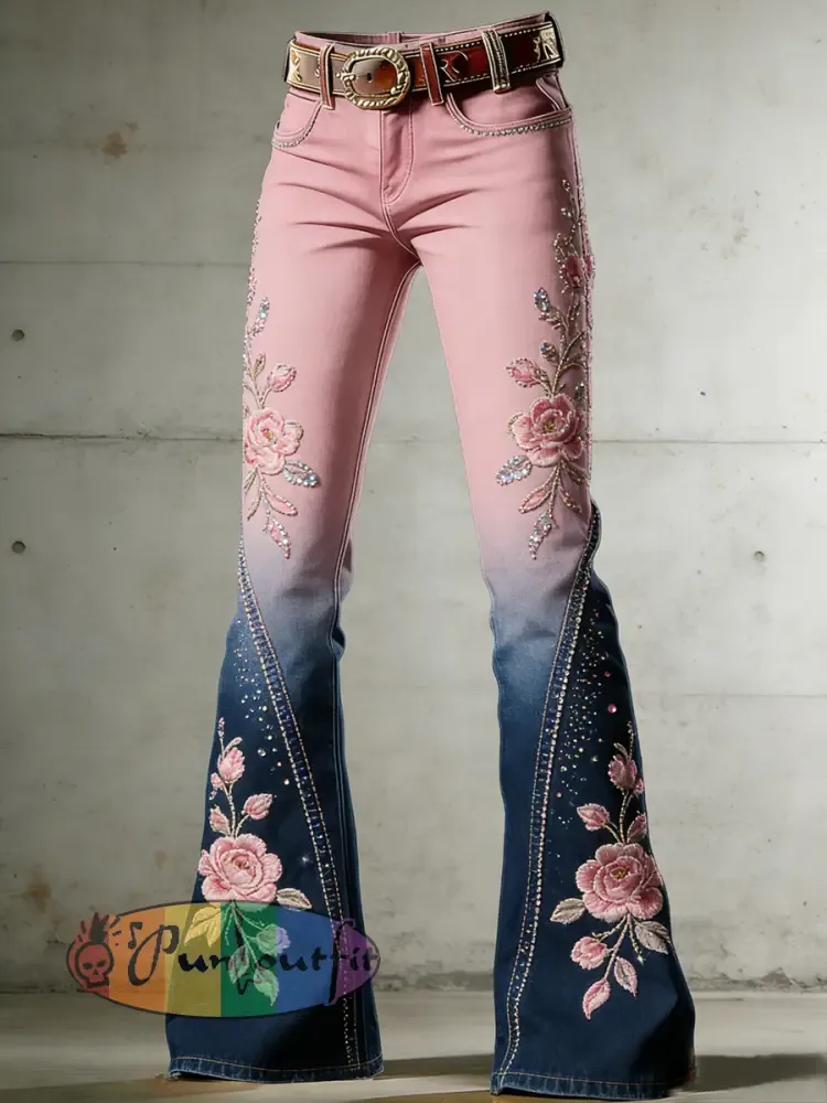 Women’s Flower Art Print Flared Trousers