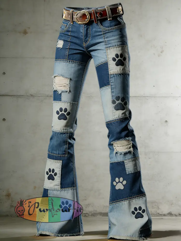 Women’s Dog Paw Animal Art Print Flared Trousers