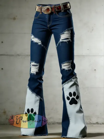 Women’s Dog Paw Animal Art Print Flared Trousers
