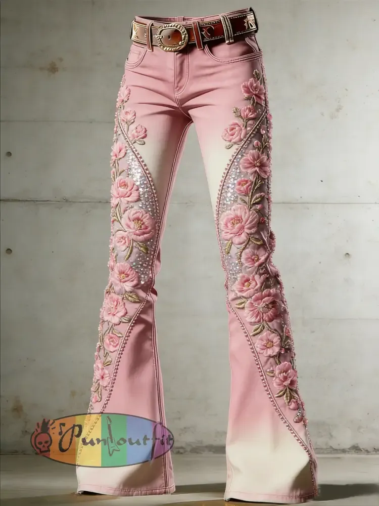 Women’s Flower Art Print Flared Trousers