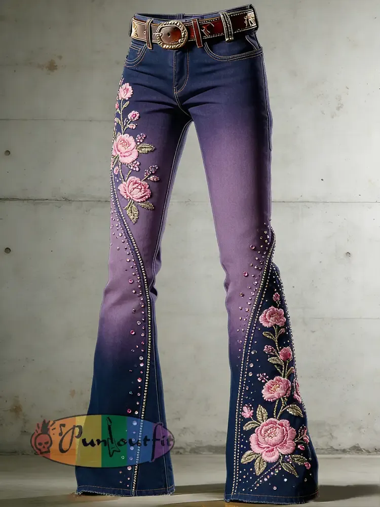 Women’s Flower Art Print Flared Trousers