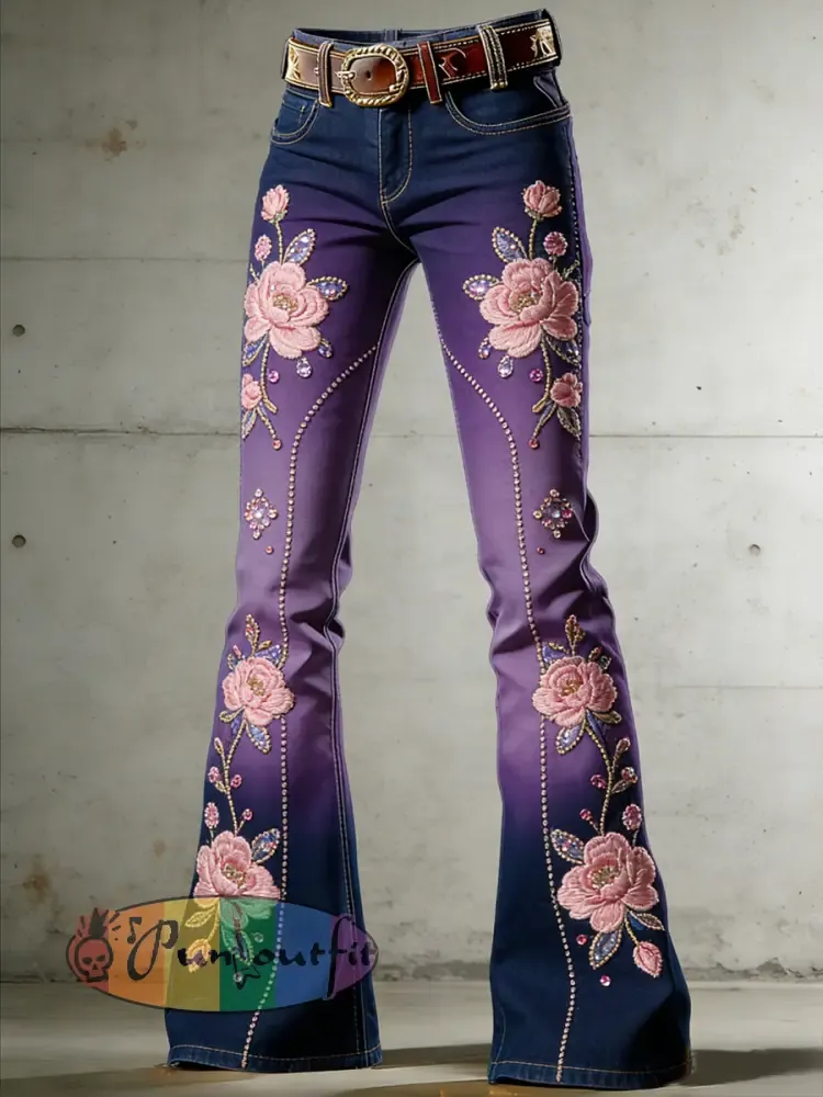 Women’s Flower Art Print Flared Trousers