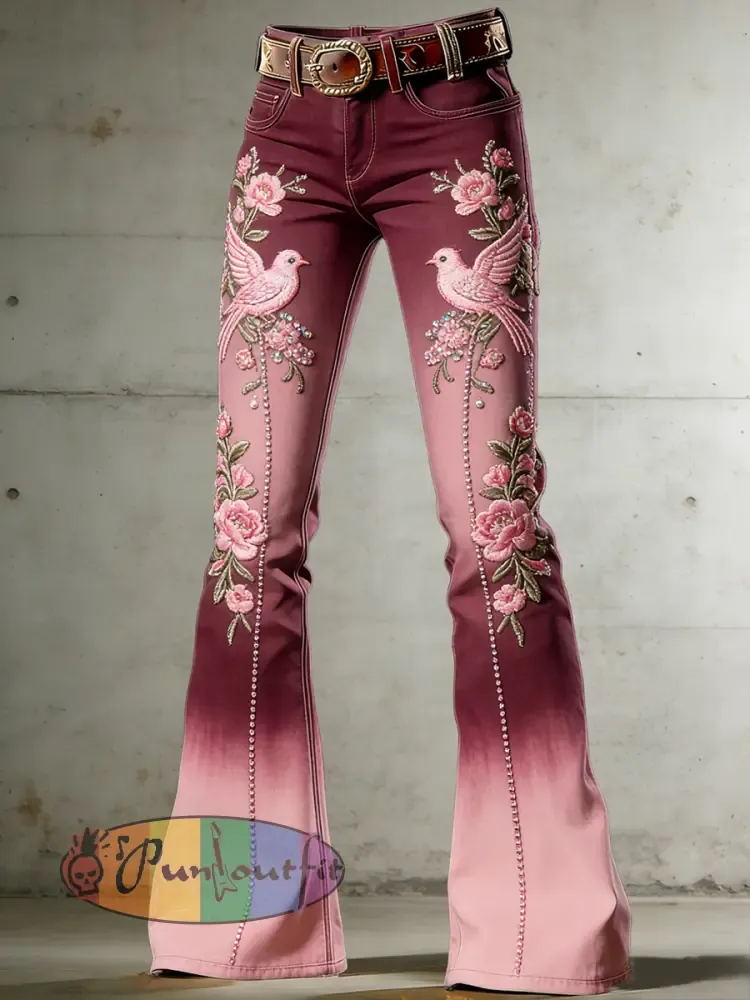 Women’s Flower Art Print Flared Trousers
