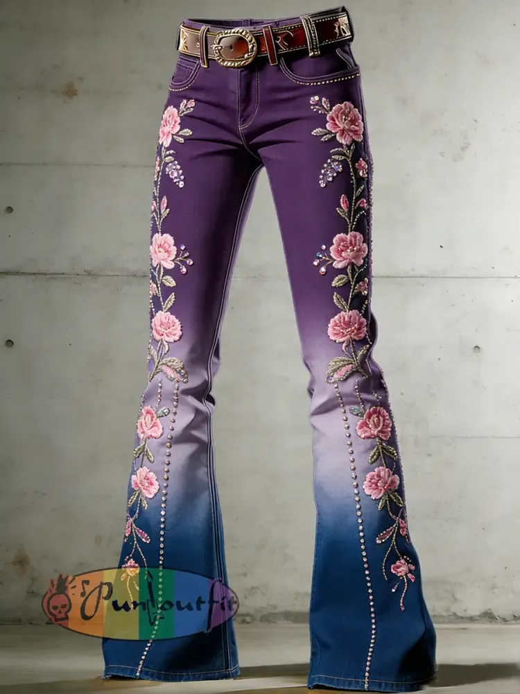 Women’s Flower Art Print Flared Trousers