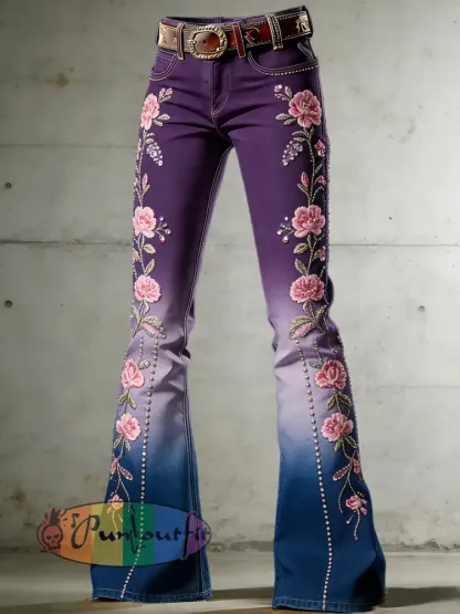 Women’s Flower Art Print Flared Trousers