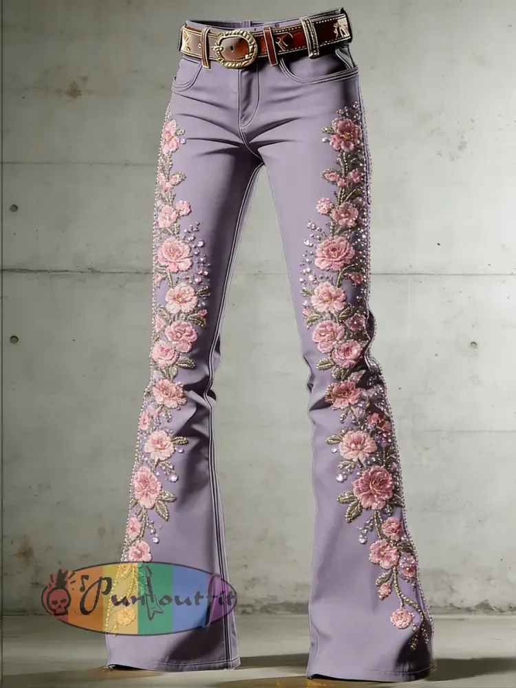 Women’s Flower Art Print Flared Trousers