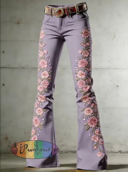Women’s Flower Art Print Flared Trousers