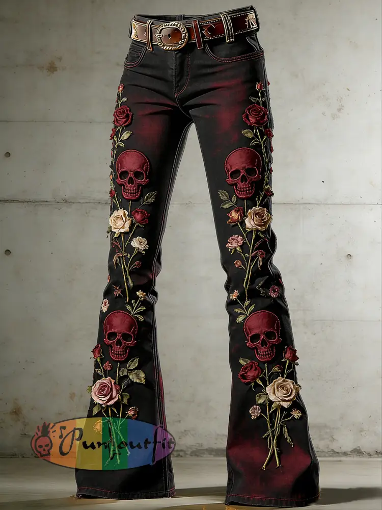 Women’s Withered Rose Skull Art Print Flared Trousers