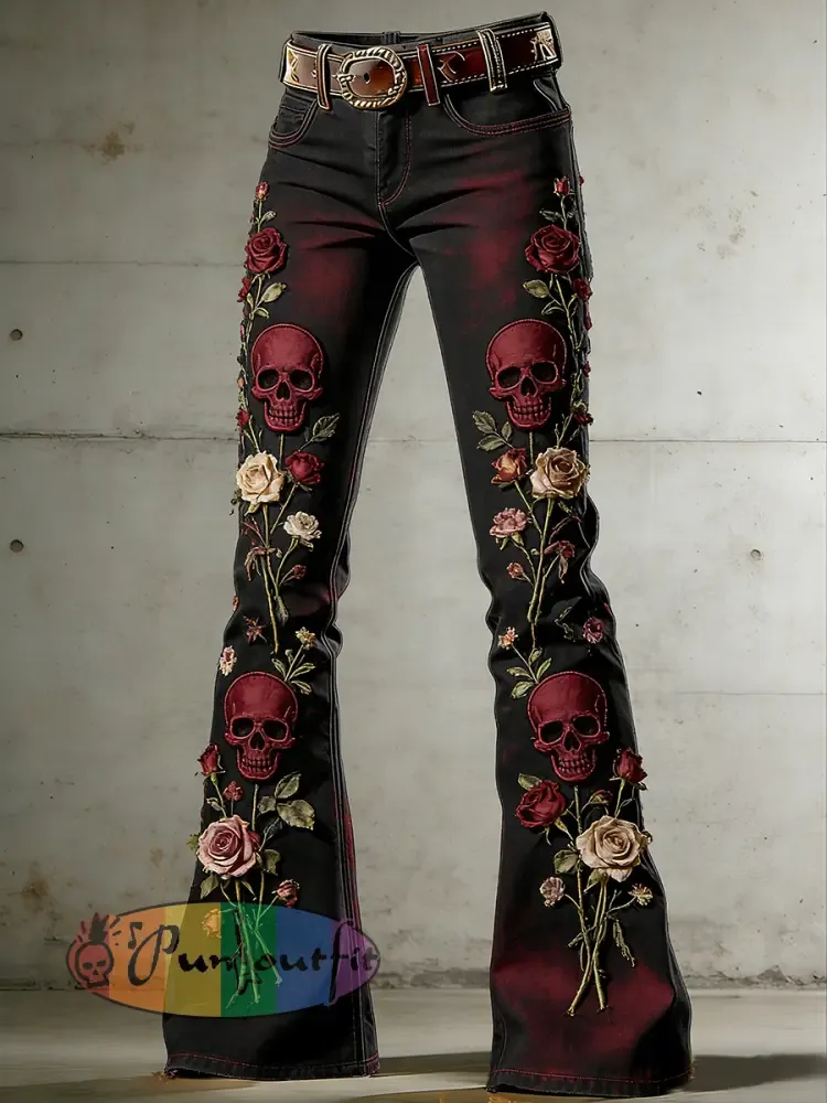 Women’s Withered Rose Skull Art Print Flared Trousers