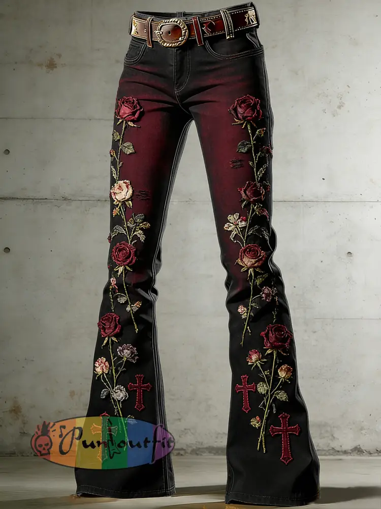 Women’s Withered Rose Art Print Flared Trousers