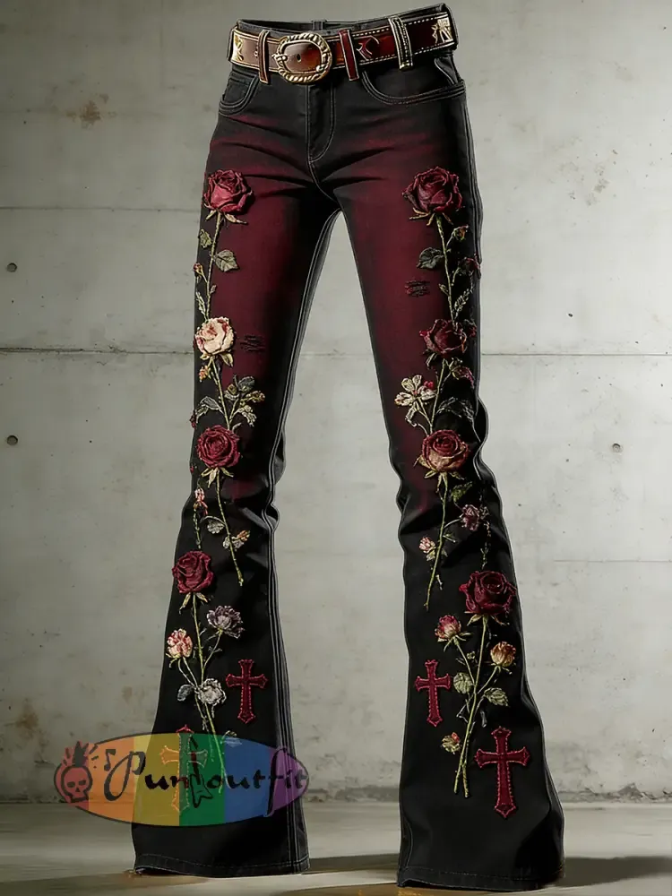 Women’s Withered Rose Art Print Flared Trousers