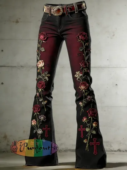 Women’s Withered Rose Art Print Flared Trousers