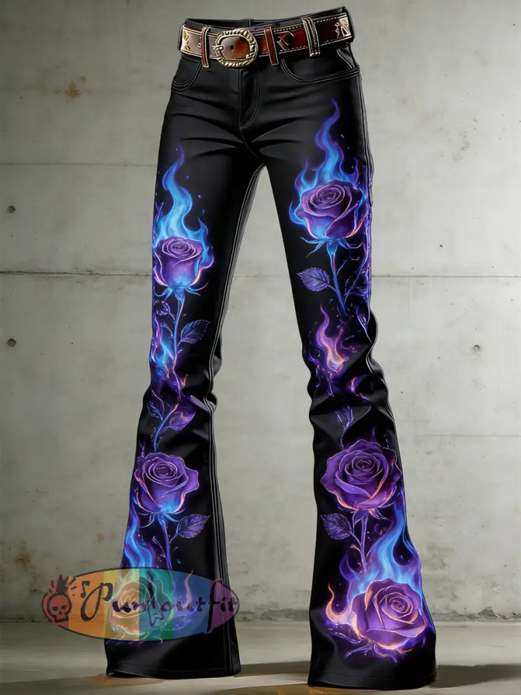Women’s Burning Flowers Art Print Flared Trousers