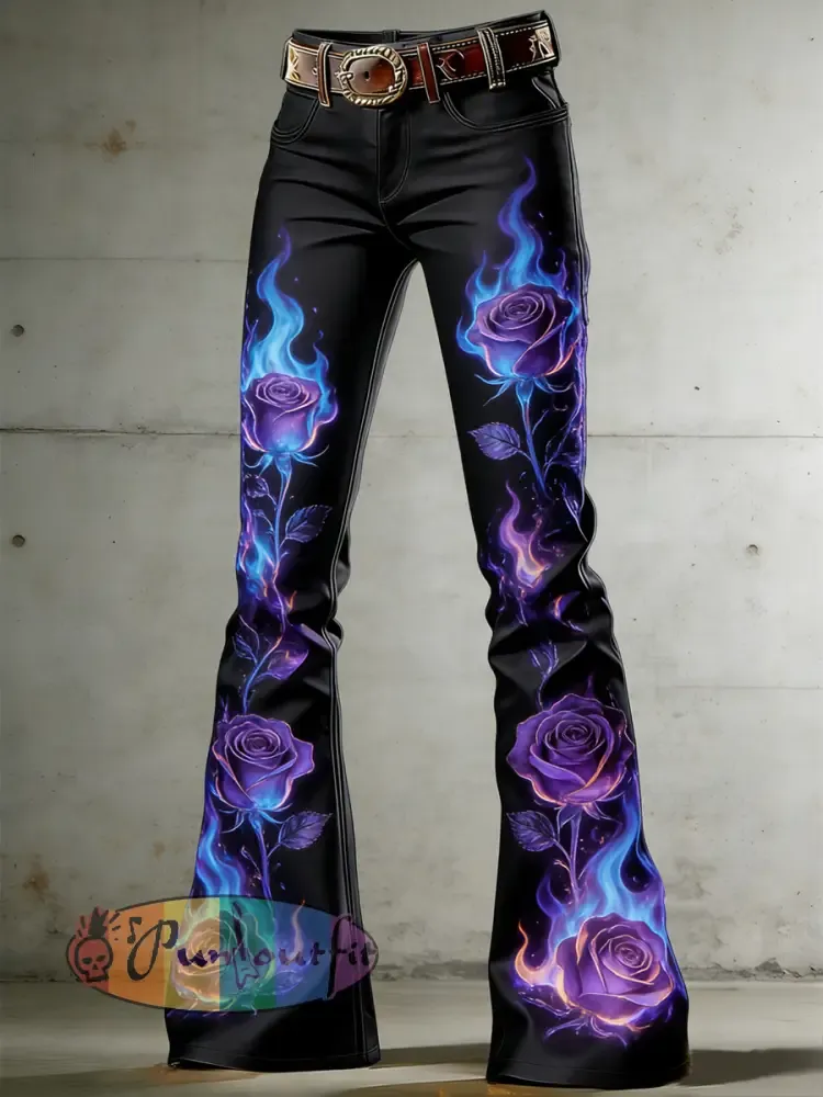 Women’s Burning Flowers Art Print Flared Trousers
