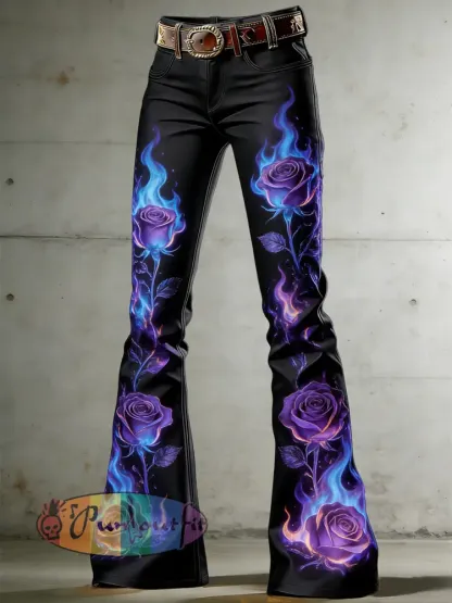 Women’s Burning Flowers Art Print Flared Trousers
