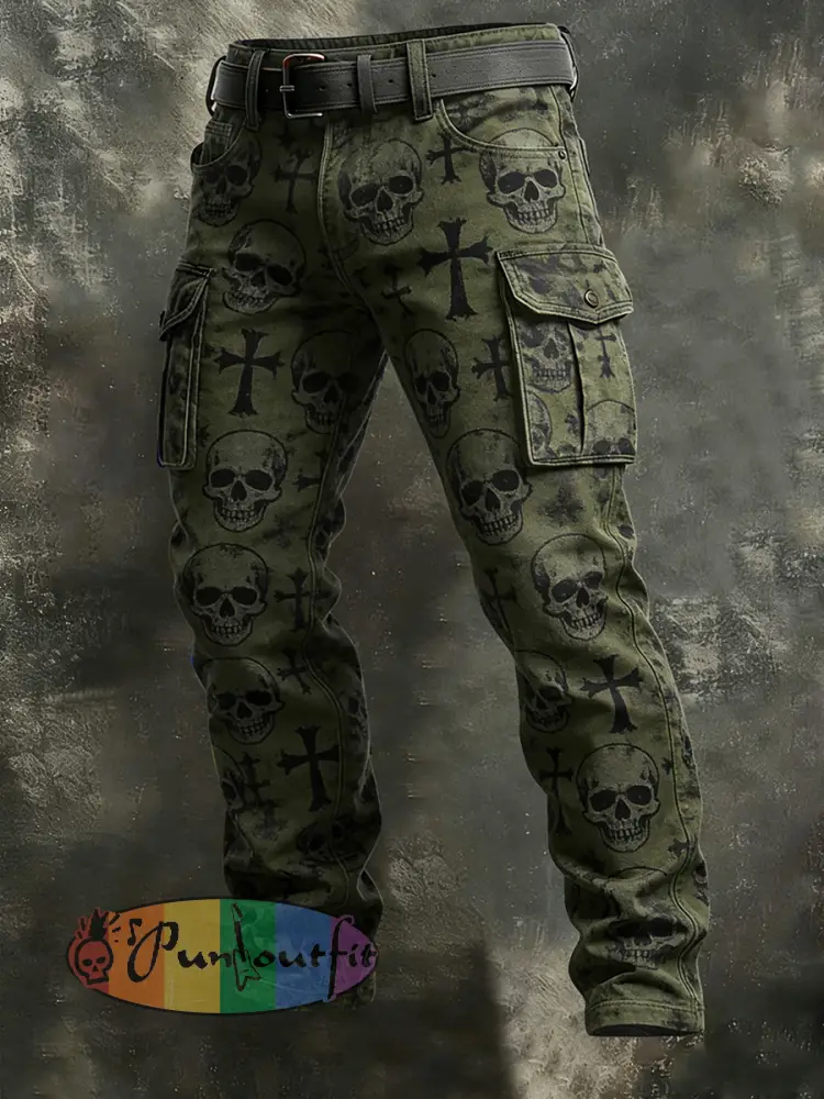 Men’s Retro Vacation Business Gothic Skull Art Print Casual Workwear Trousers