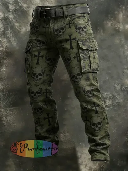 Men’s Retro Vacation Business Gothic Skull Art Print Casual Workwear Trousers