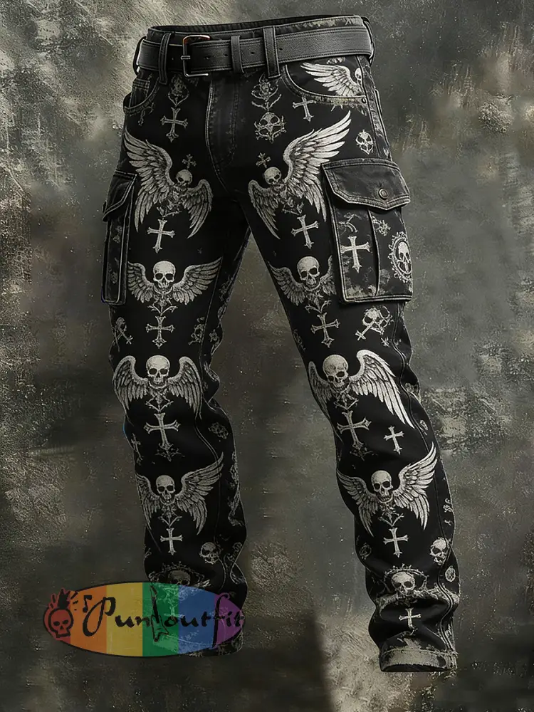 Men’s Retro Vacation Business Gothic Skull Art Print Casual Workwear Trousers