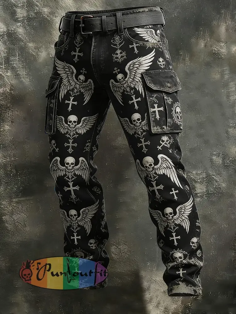 Men’s Retro Vacation Business Gothic Skull Art Print Casual Workwear Trousers