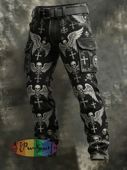 Men’s Retro Vacation Business Gothic Skull Art Print Casual Workwear Trousers