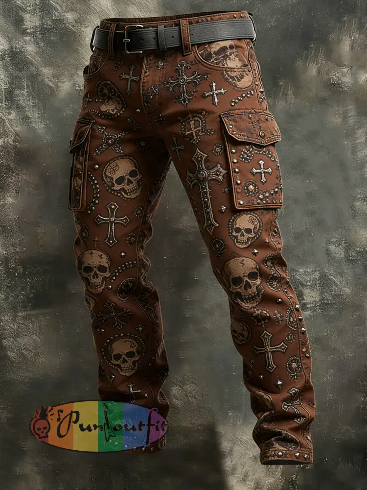 Men’s Retro Vacation Business Gothic Skull Art Print Casual Workwear Trousers