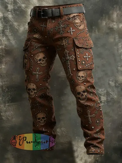 Men’s Retro Vacation Business Gothic Skull Art Print Casual Workwear Trousers