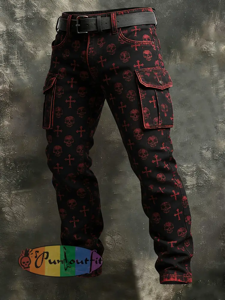 Men’s Retro Vacation Business Gothic Skull Art Print Casual Workwear Trousers