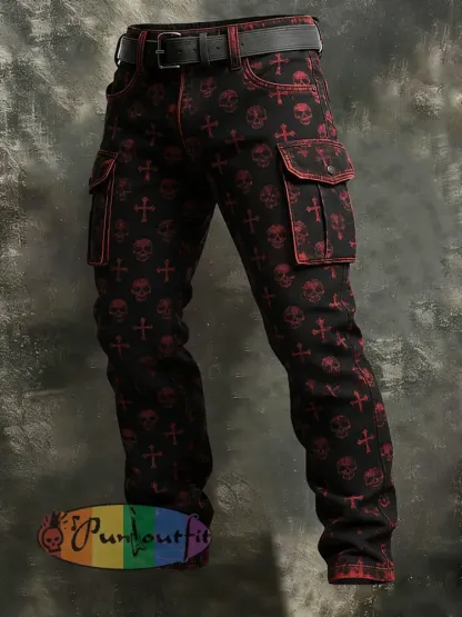 Men’s Retro Vacation Business Gothic Skull Art Print Casual Workwear Trousers