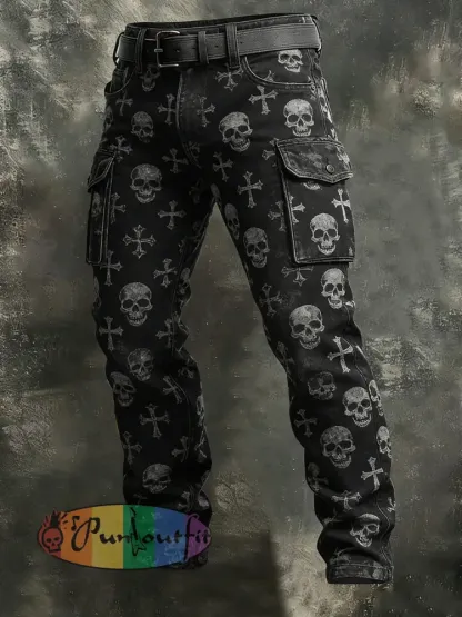 Men’s Retro Vacation Business Gothic Skull Art Print Casual Workwear Trousers
