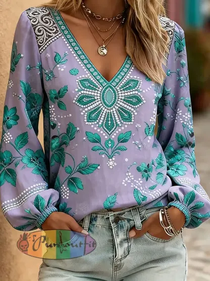 Women’s Western Style Plant Flower Printed V-neck Tops