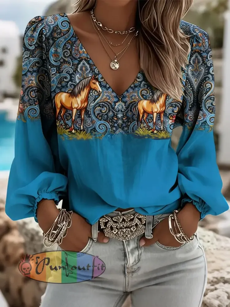 Women’s Western Style Horse Print V-Neck Tops