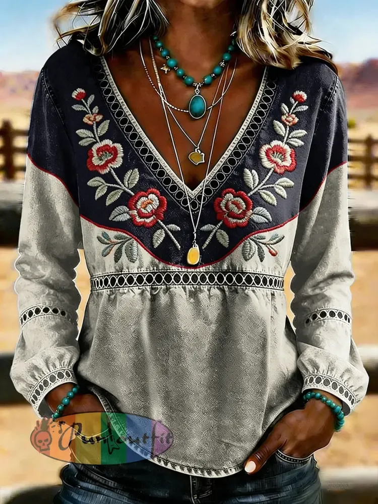 Women’s Western Vintage Floral Print Casual V-Neck T-Shirt