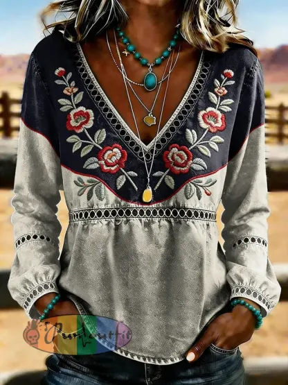 Women’s Western Vintage Floral Print Casual V-Neck T-Shirt