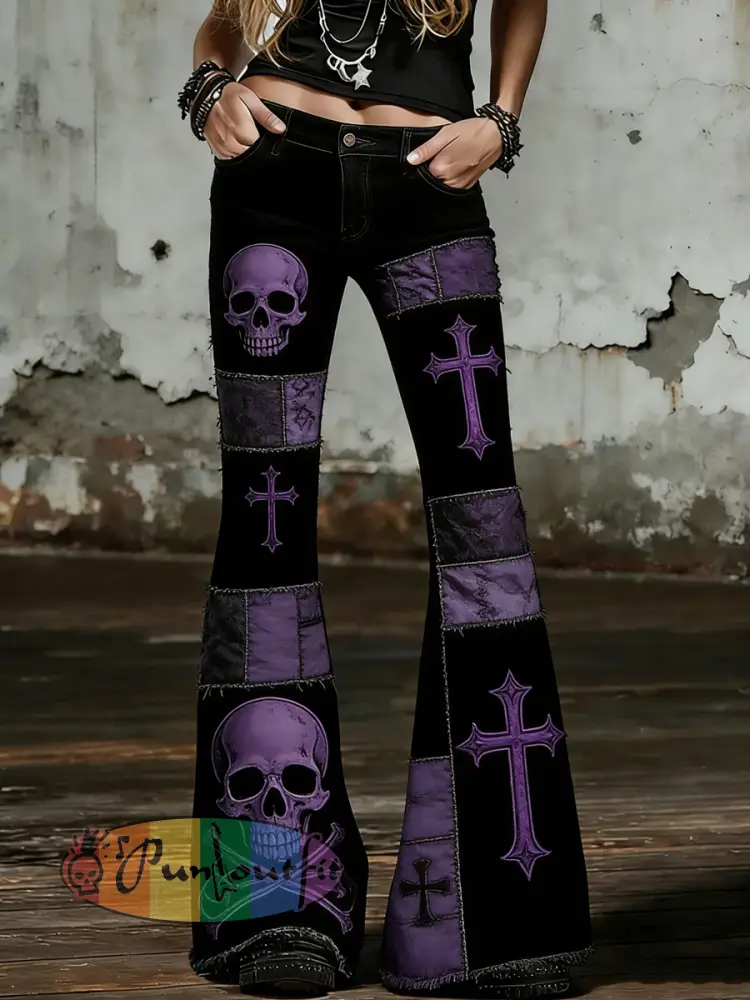Women’s Gothic Skull Art Print Flared Trousers