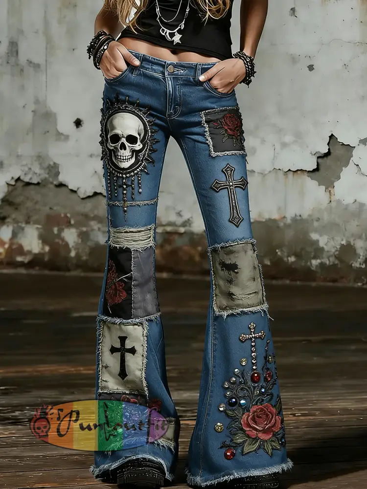 Women’s Gothic Skull Art Print Flared Trousers