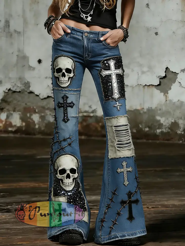 Women’s Gothic Skull Art Print Flared Trousers