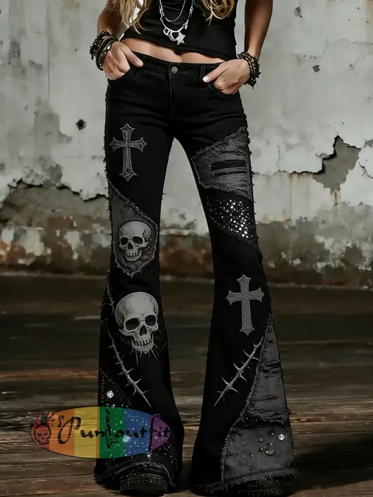 Women’s Gothic Skull Art Print Flared Trousers
