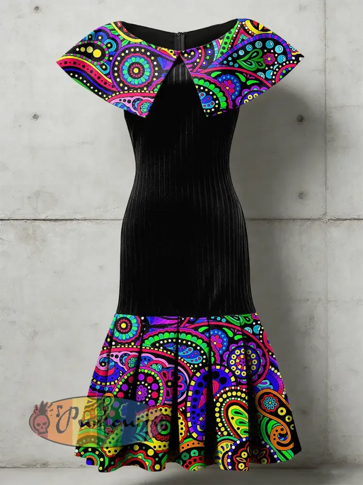 Women’s Psychedelic Flowers Art Printed Sleeveless Pleated Dress