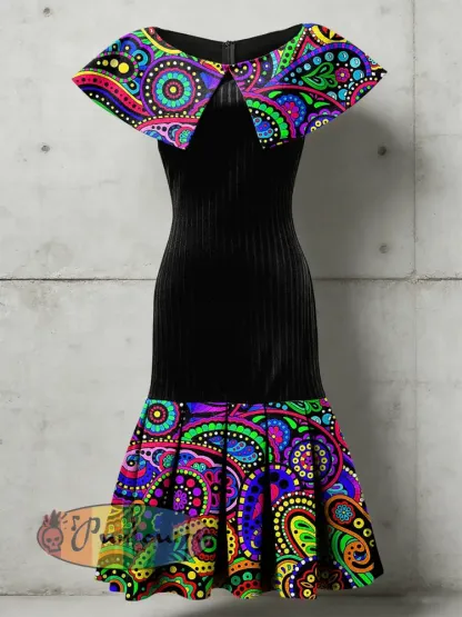 Women’s Psychedelic Flowers Art Printed Sleeveless Pleated Dress
