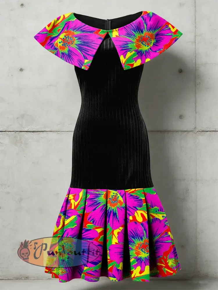 Women’s Psychedelic Flowers Art Printed Sleeveless Pleated Dress