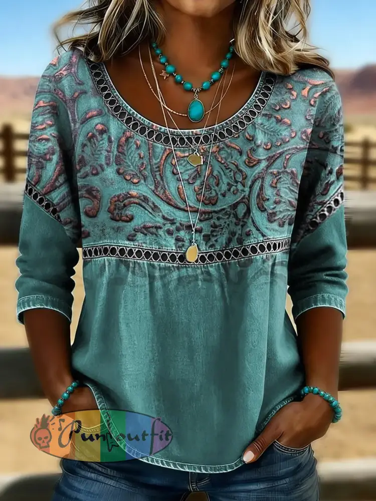 Women’s Vintage Western Art Print Casual Top